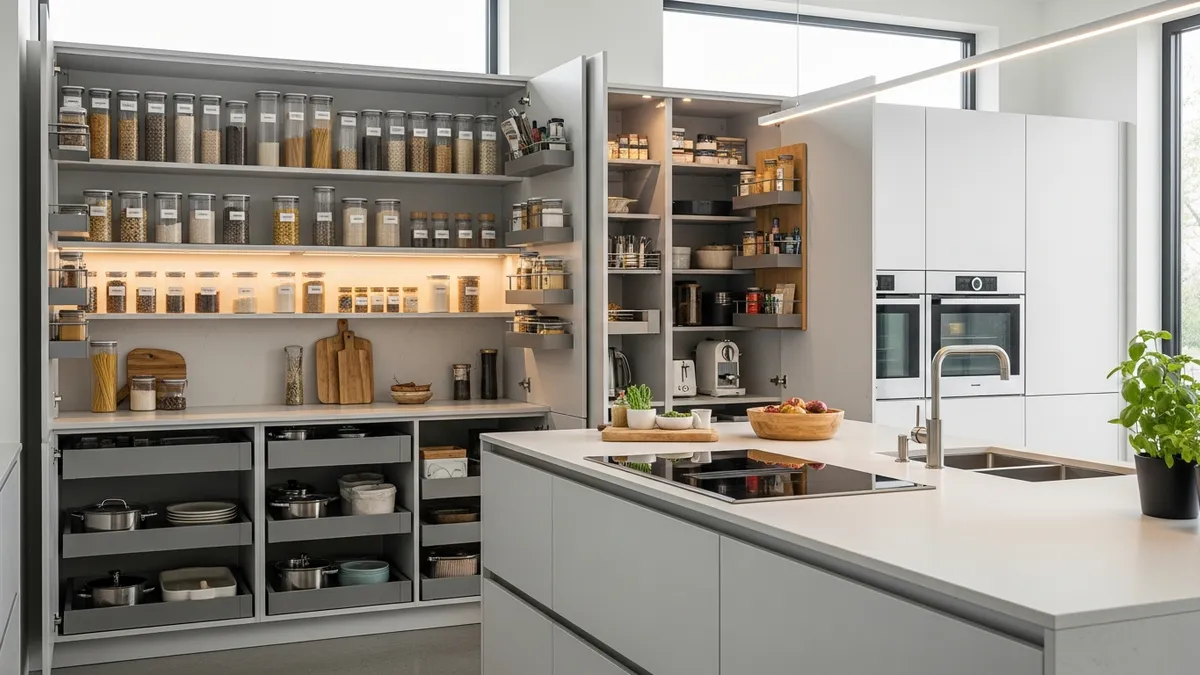Modern kitchen interior design with organized storage and functional layout