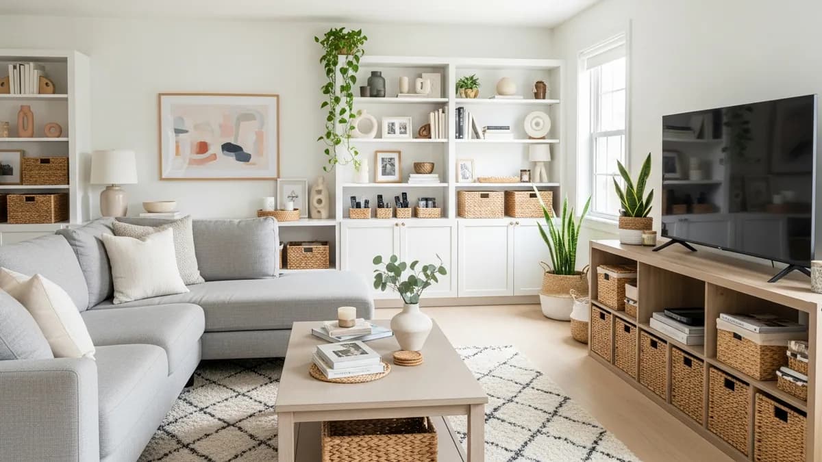 Organized living room interior with storage solutions and modern furniture
