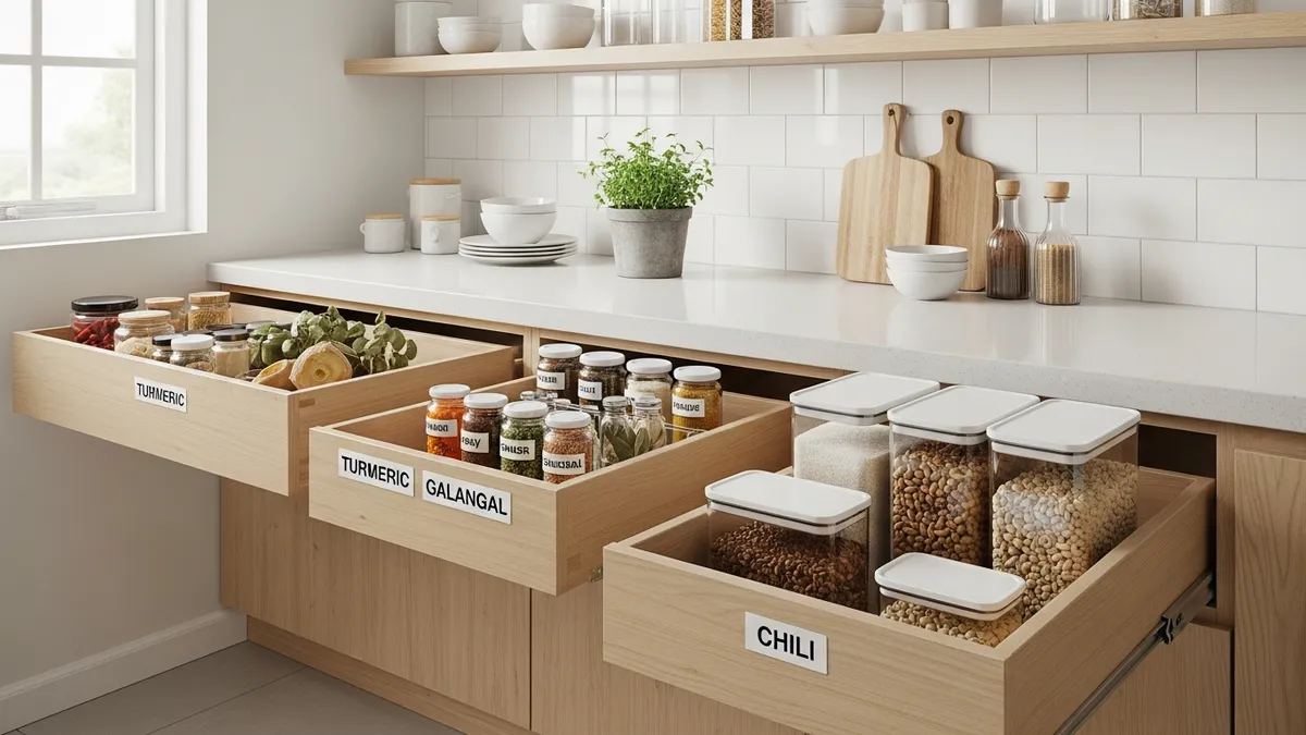 Solusi penyimpanan kitchen set minimalis dengan laci tarik dan rak rempah