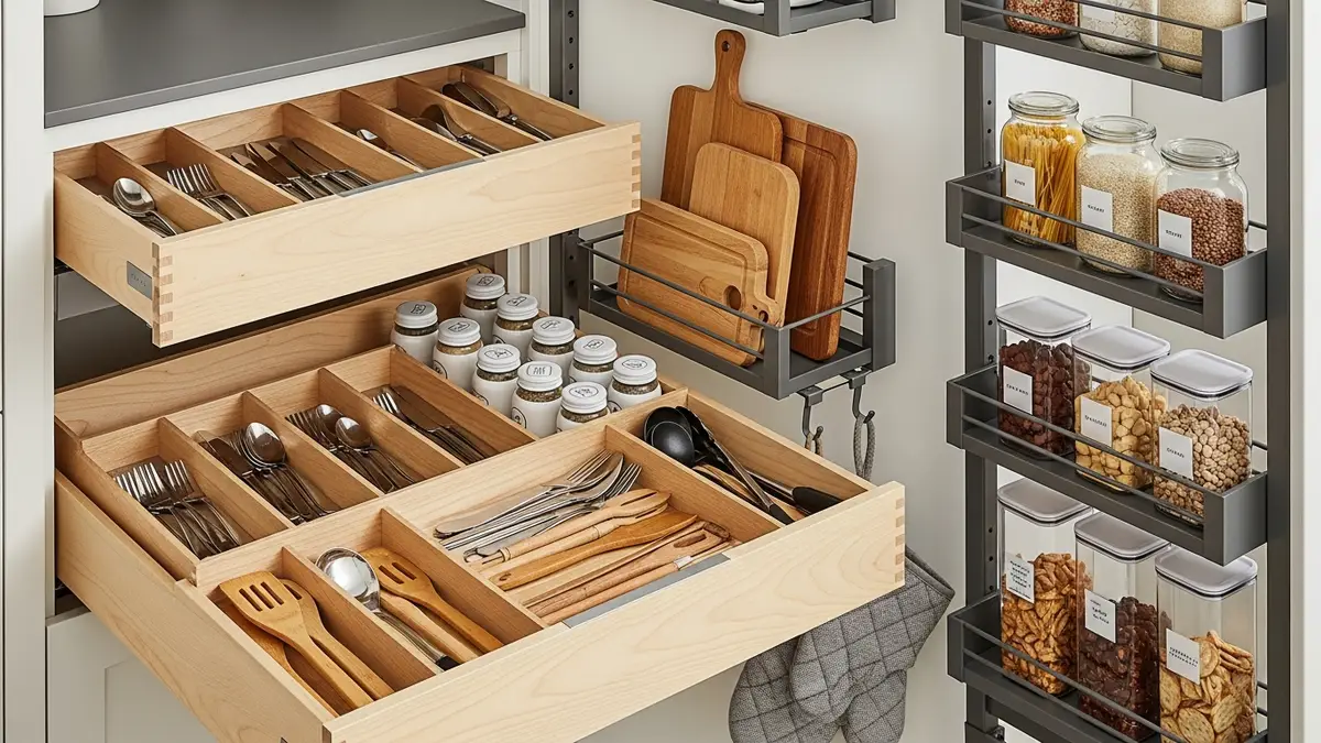 Minimalist kitchen storage organization with pull-out drawers and organizers