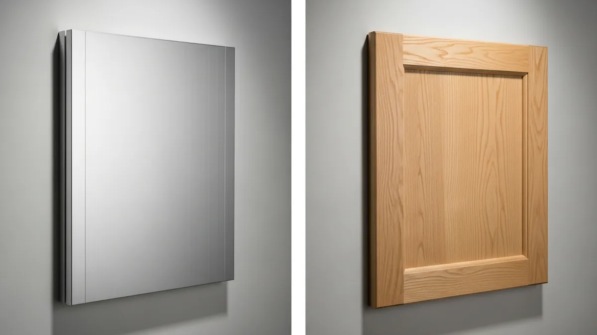 Comparison between aluminum and wooden kitchen cabinet materials showing durability differences