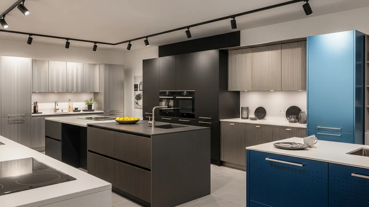 Different styles and finishes of aluminum kitchen cabinets in showroom display