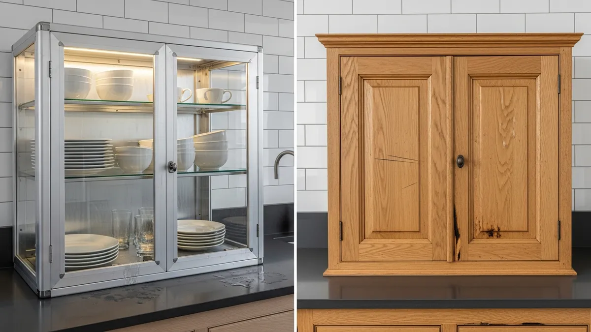 Comparison between aluminum and wooden dish cabinets showing durability differences