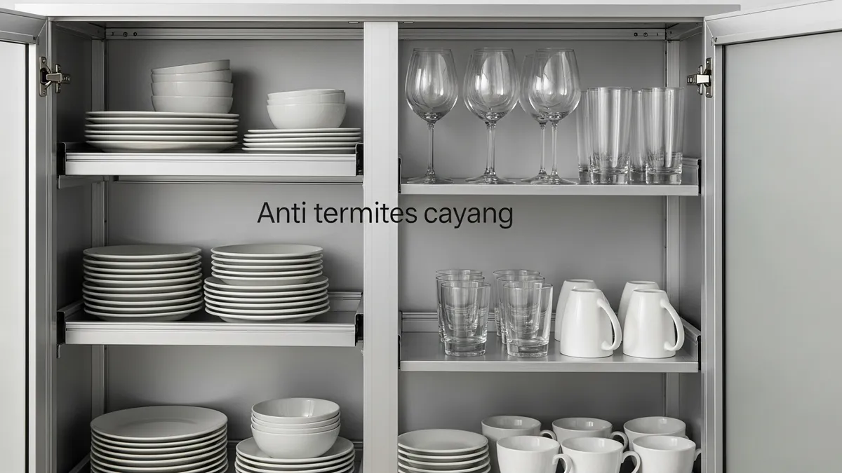 Interior view of aluminum dish cabinet showing organized storage and termite-proof features