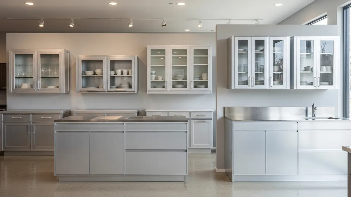 Different types of aluminum dish cabinets showcasing various designs and sizes
