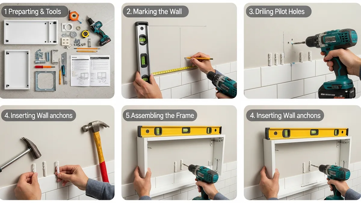 Installation process and setup of dish cabinet rack with tools and mounting hardware
