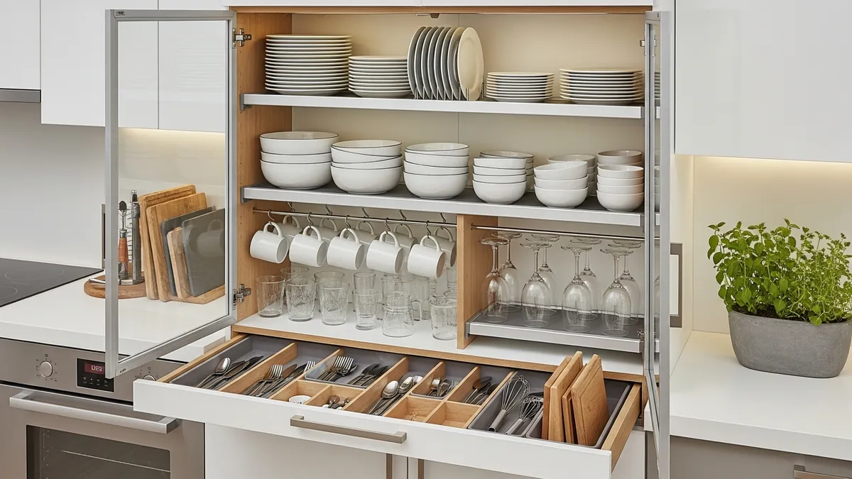 Organized dish cabinet rack displaying efficient kitchen storage solutions