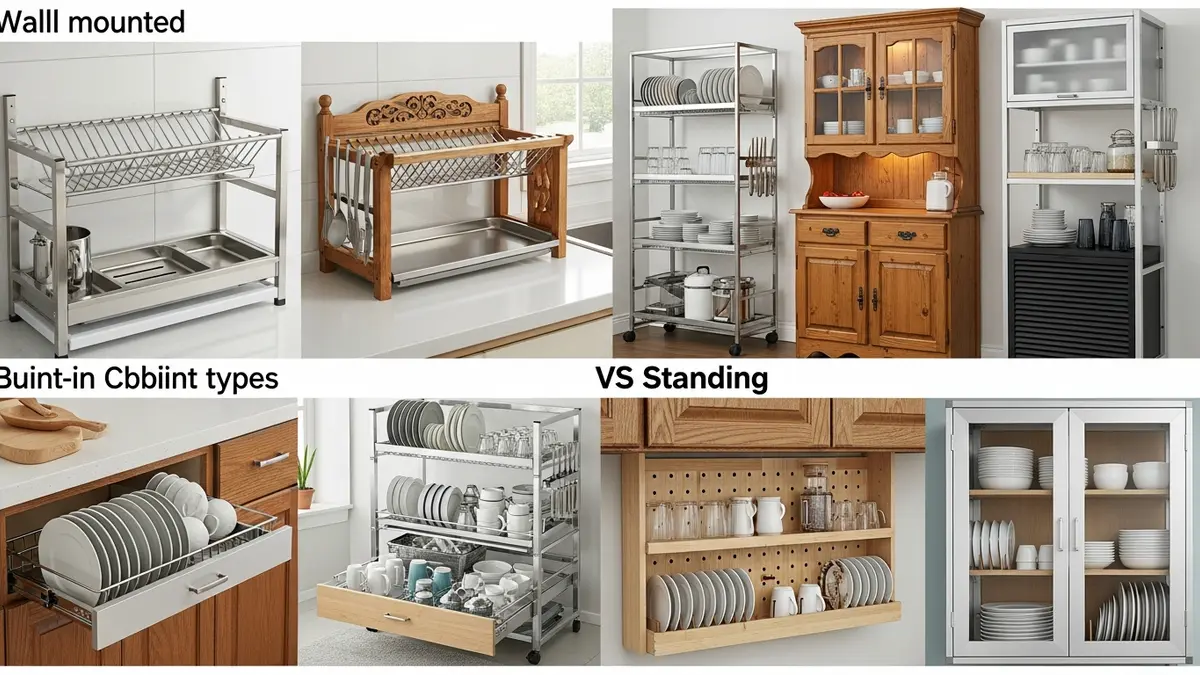 Different types of dish cabinet racks showing various styles and materials