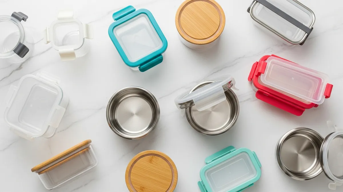 Various types of lidded food storage containers arranged by material and lid type