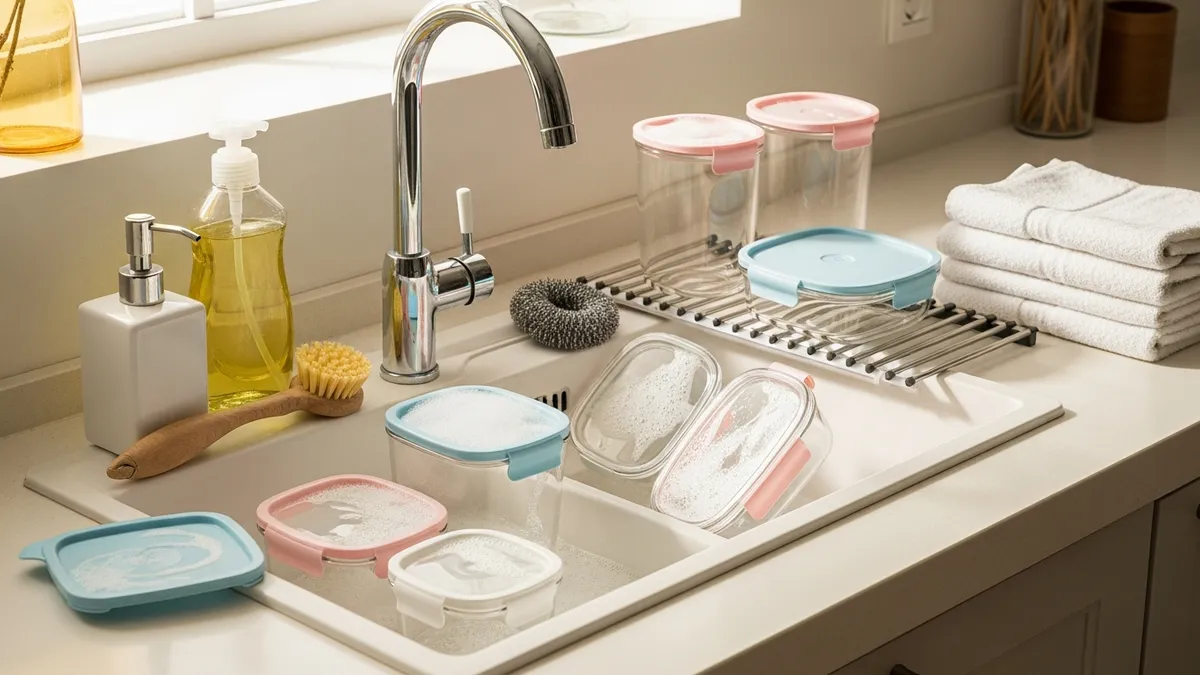 Proper cleaning and maintenance of lidded food storage containers in kitchen sink
