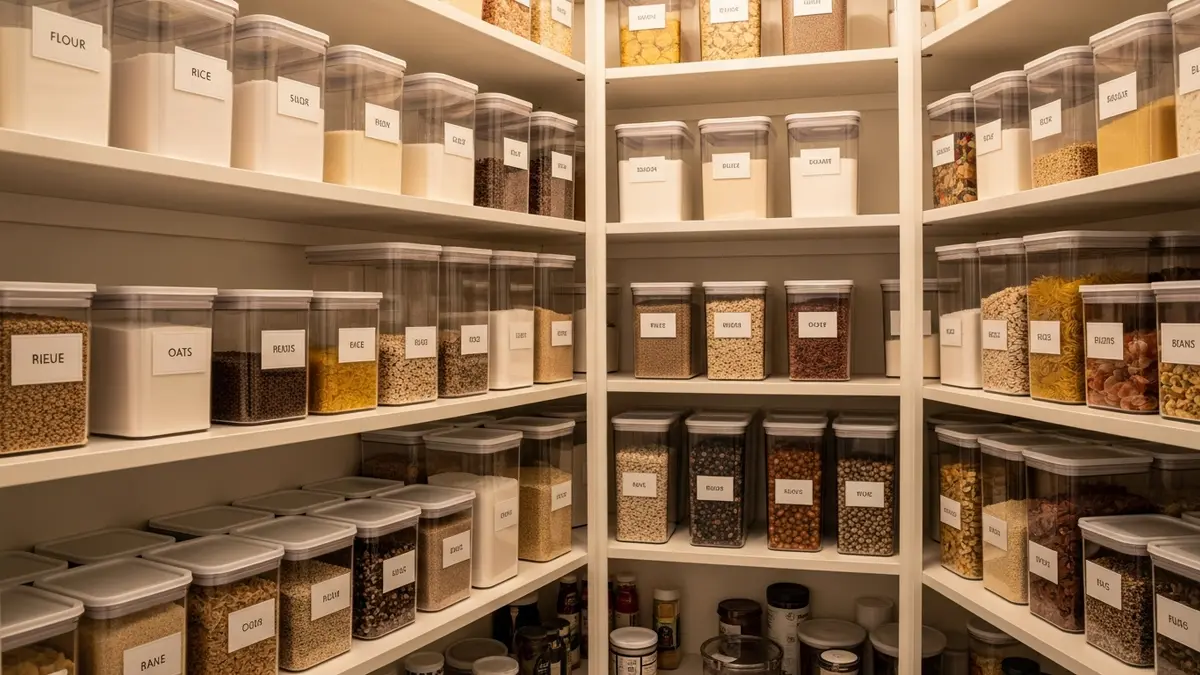 Organized pantry featuring lidded food storage containers with proper labeling system
