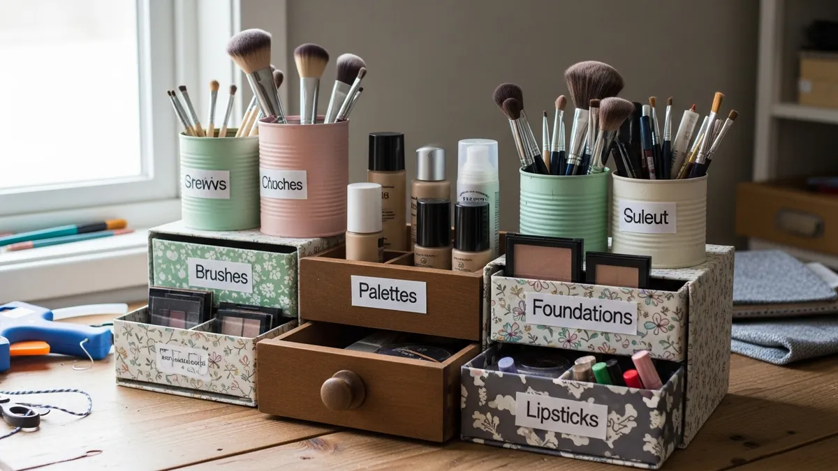 DIY makeup organizer created from repurposed containers with custom labels