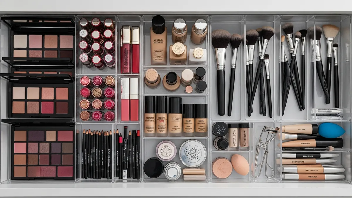 Makeup drawer organizer with dividers separating cosmetics by category