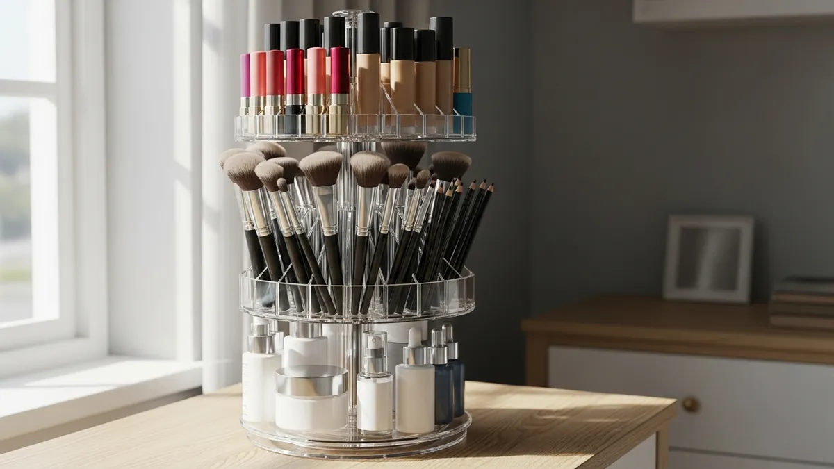Rotating makeup organizer tower with multiple compartments for beauty products