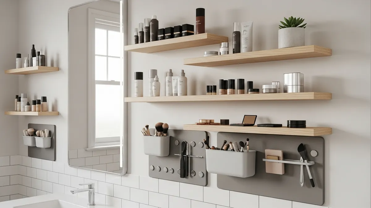 Wall-mounted makeup organizer system with floating shelves and magnetic storage