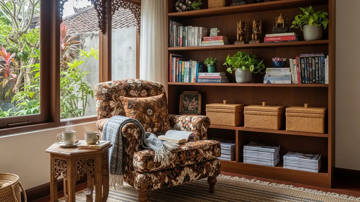 Sudut baca yang nyaman dengan rak buku tertata dan storage solutions