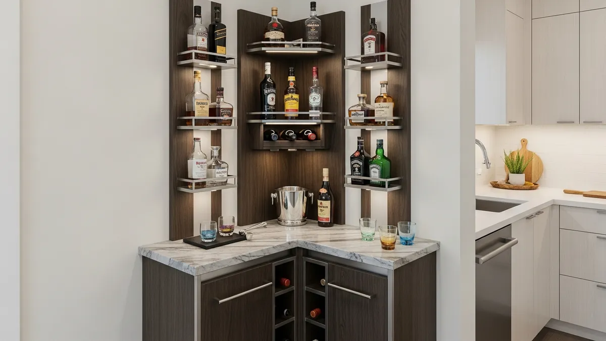 Corner mini bar design maximizing unused kitchen corner space with vertical storage