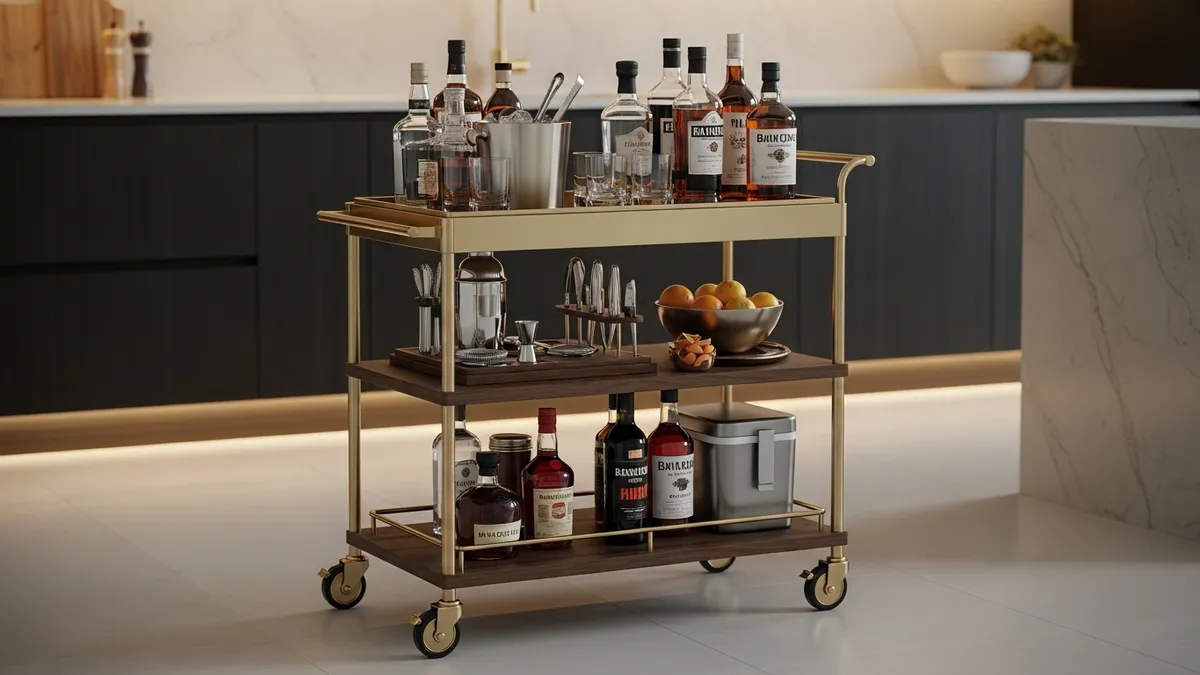 Mobile kitchen cart used as portable mini bar with organized storage tiers