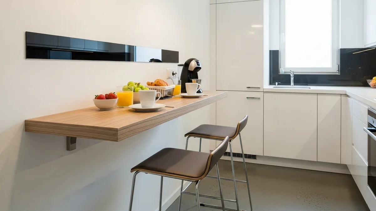 Wall-mounted mini bar shelf with breakfast setup in small kitchen space
