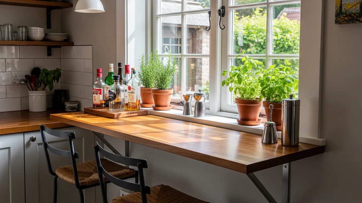 Kitchen window converted into mini bar counter with natural lighting and herb garden