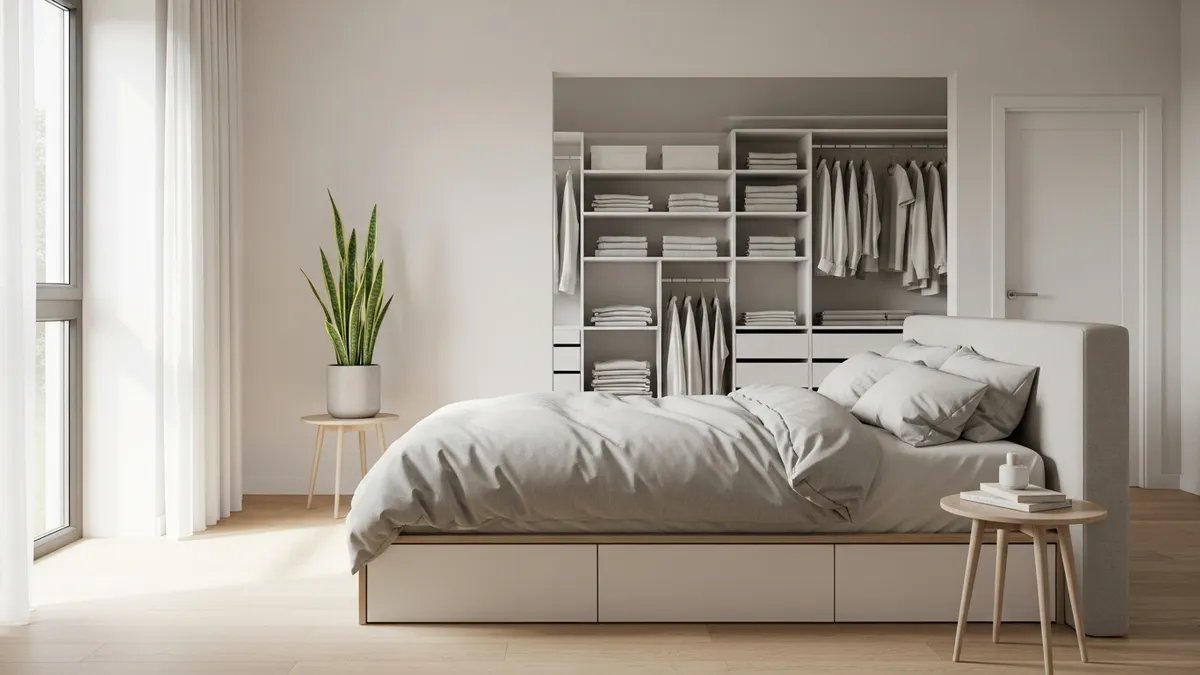 Minimalist bedroom with smart storage solutions and serene atmosphere