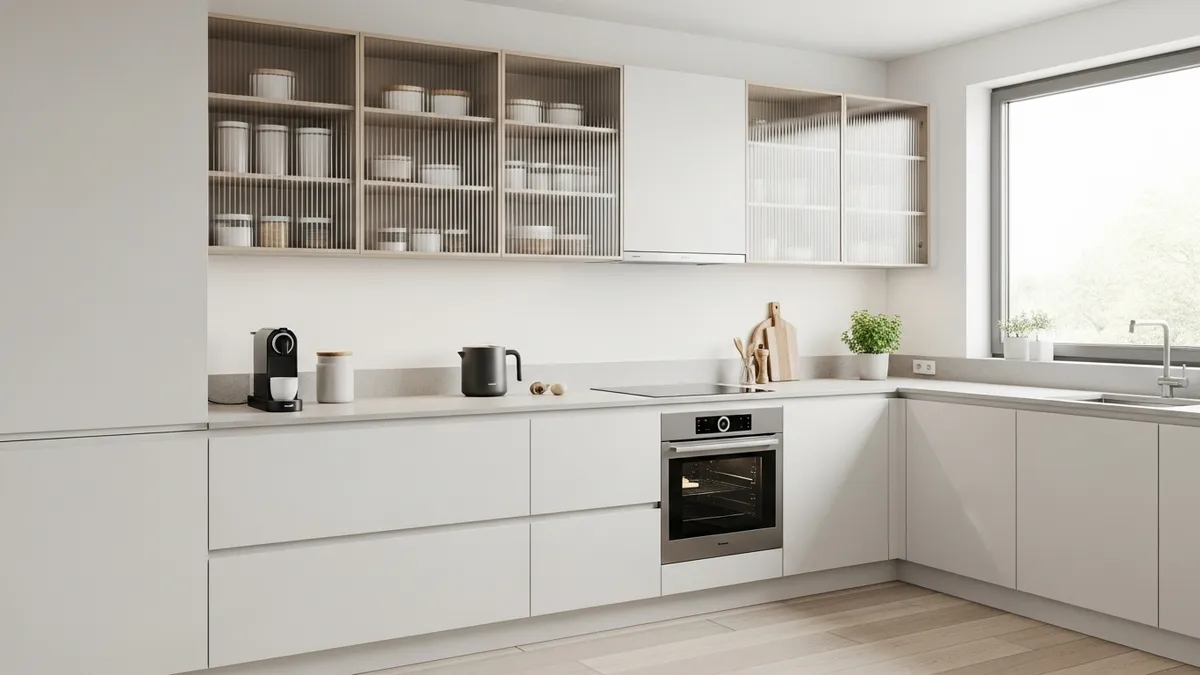 Minimalist kitchen design with organized storage containers and clean countertops