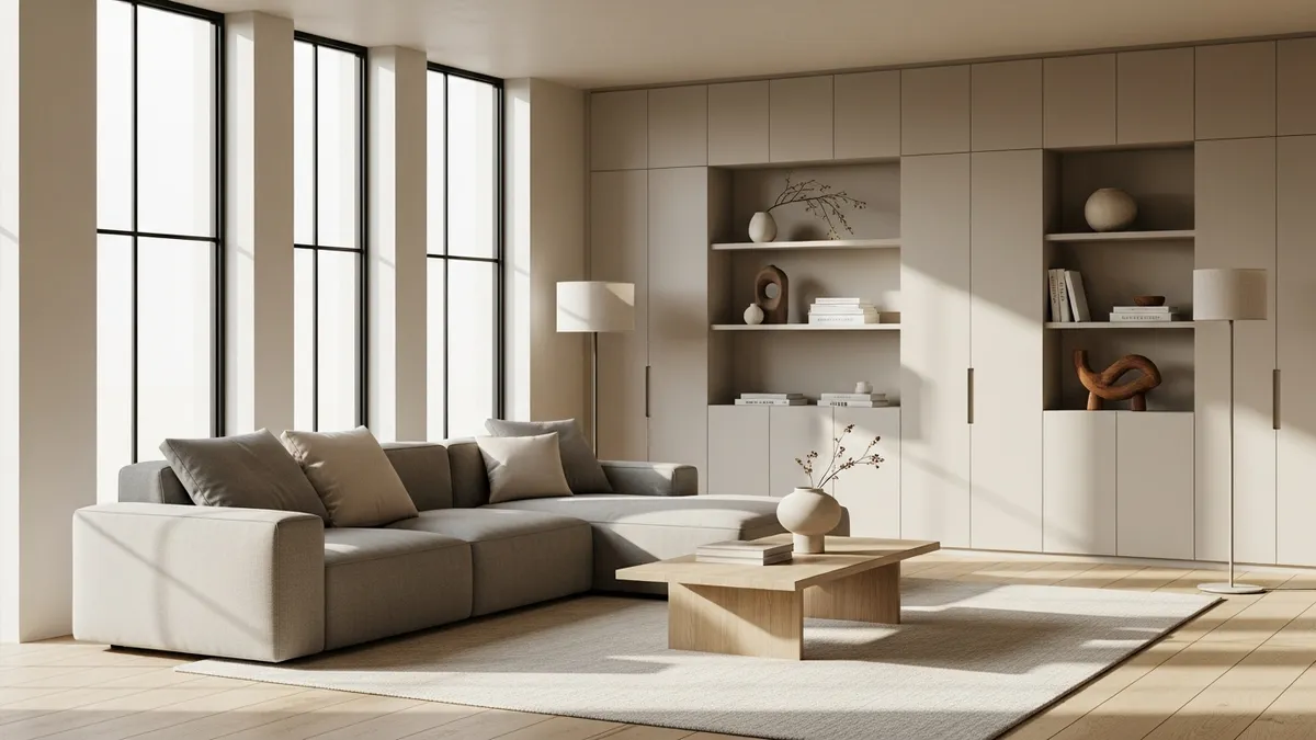 Minimalist living room design with built-in storage and neutral color palette