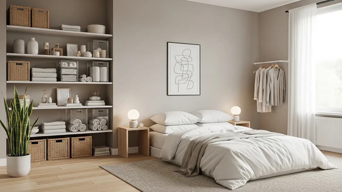 Organized minimalist room with neutral paint and storage solutions