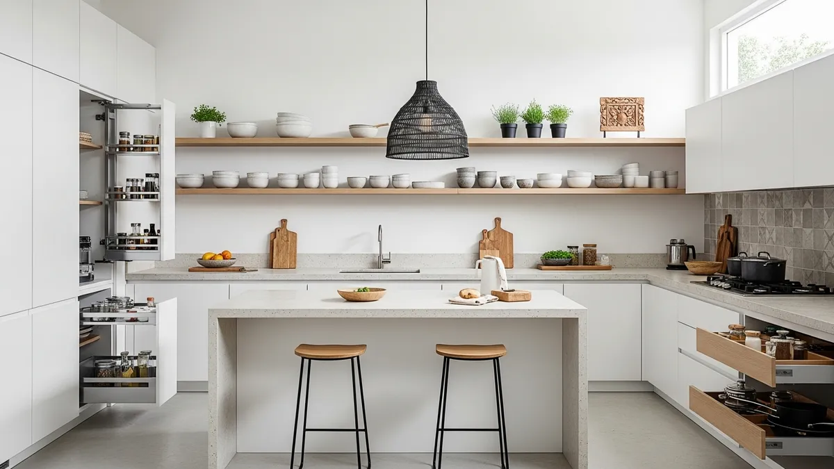 Dapur minimalis modern dengan kitchen set putih dan organizer dapur yang rapi