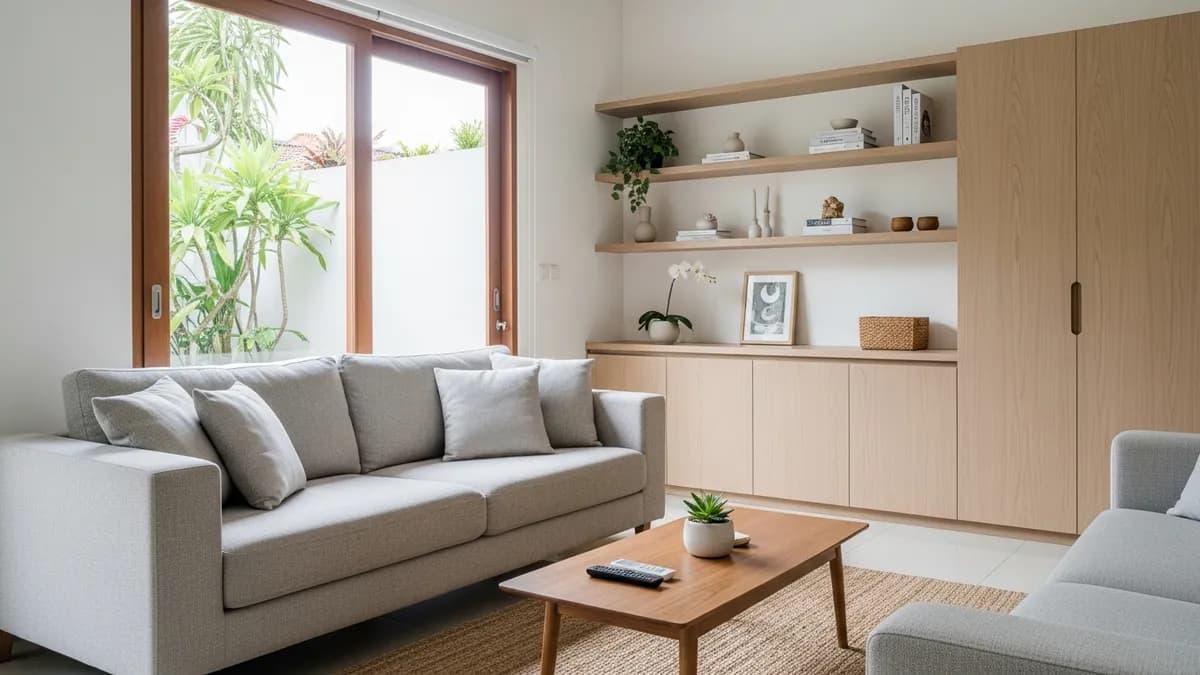 Interior ruang tamu minimalis dengan solusi penyimpanan rapi dan terorganisir