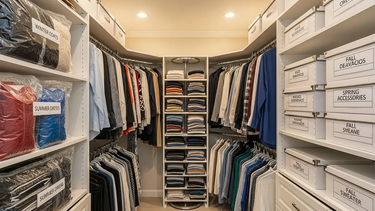 Seasonal closet organization ideas with vacuum storage bags and labeled containers