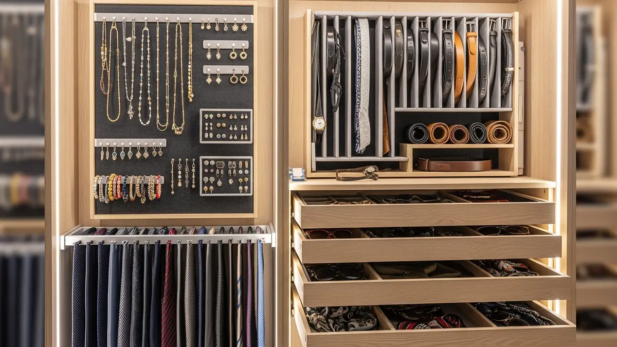 Closet accessories organization with jewelry holders, tie racks, and drawer dividers