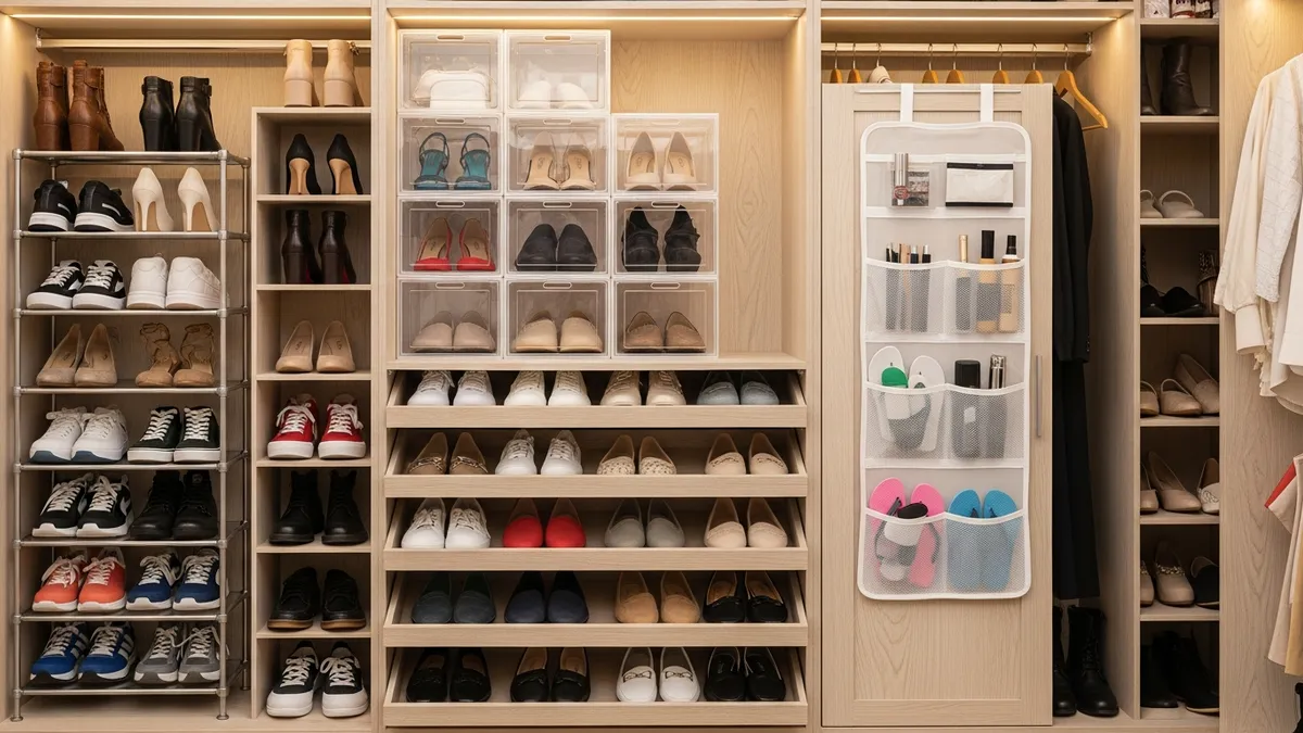 Multiple shoe storage solutions in organized closet including racks and clear containers