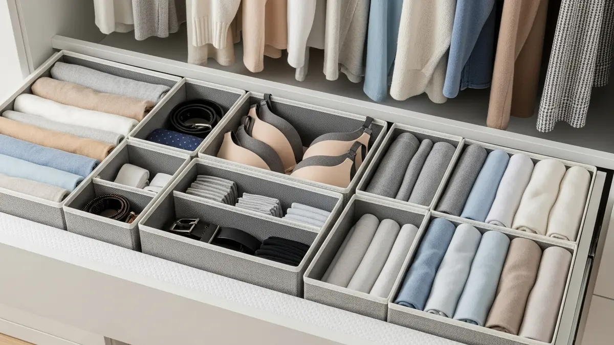 Drawer organization ideas for small closet showing compartmentalized storage solutions