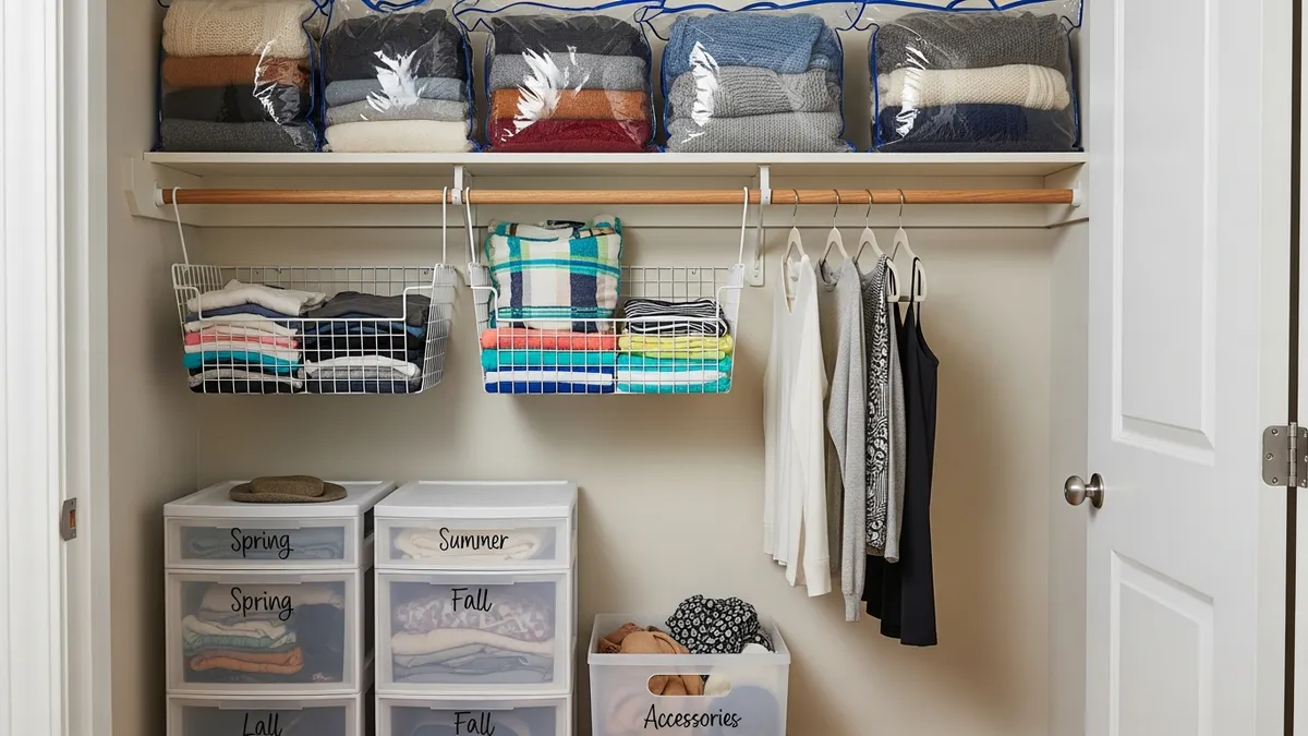 Seasonal storage organization ideas for small closet with vacuum bags and labeled containers