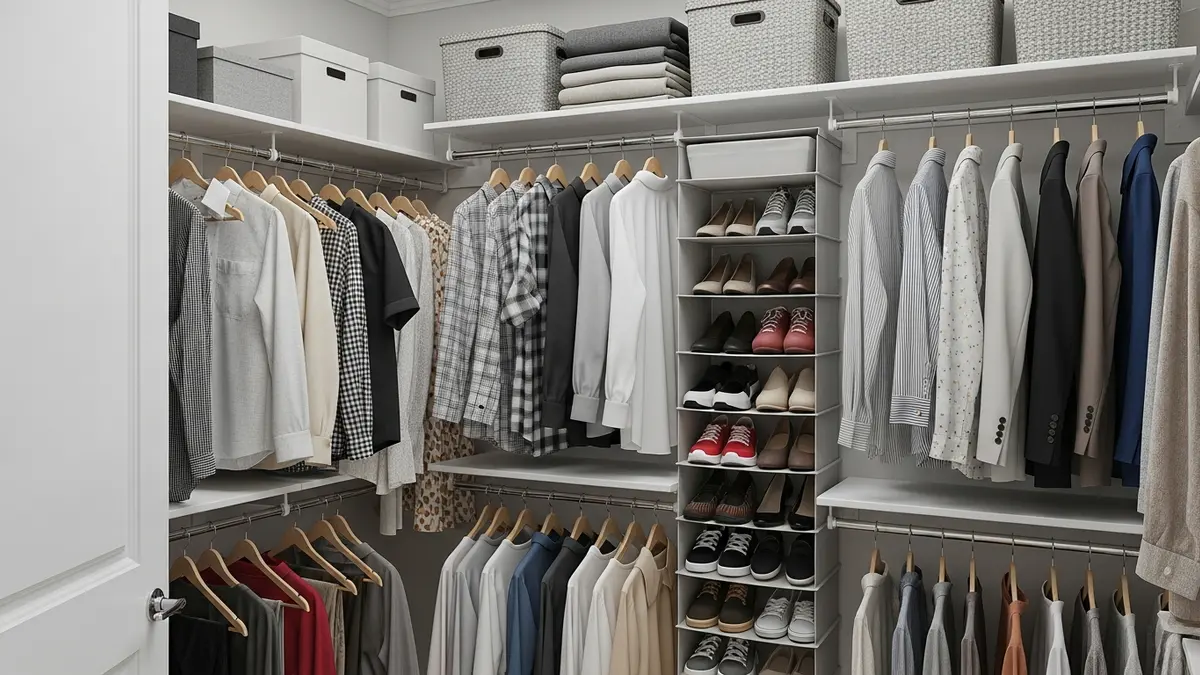 Vertical organization ideas for small closet with double hanging rods and over-door storage