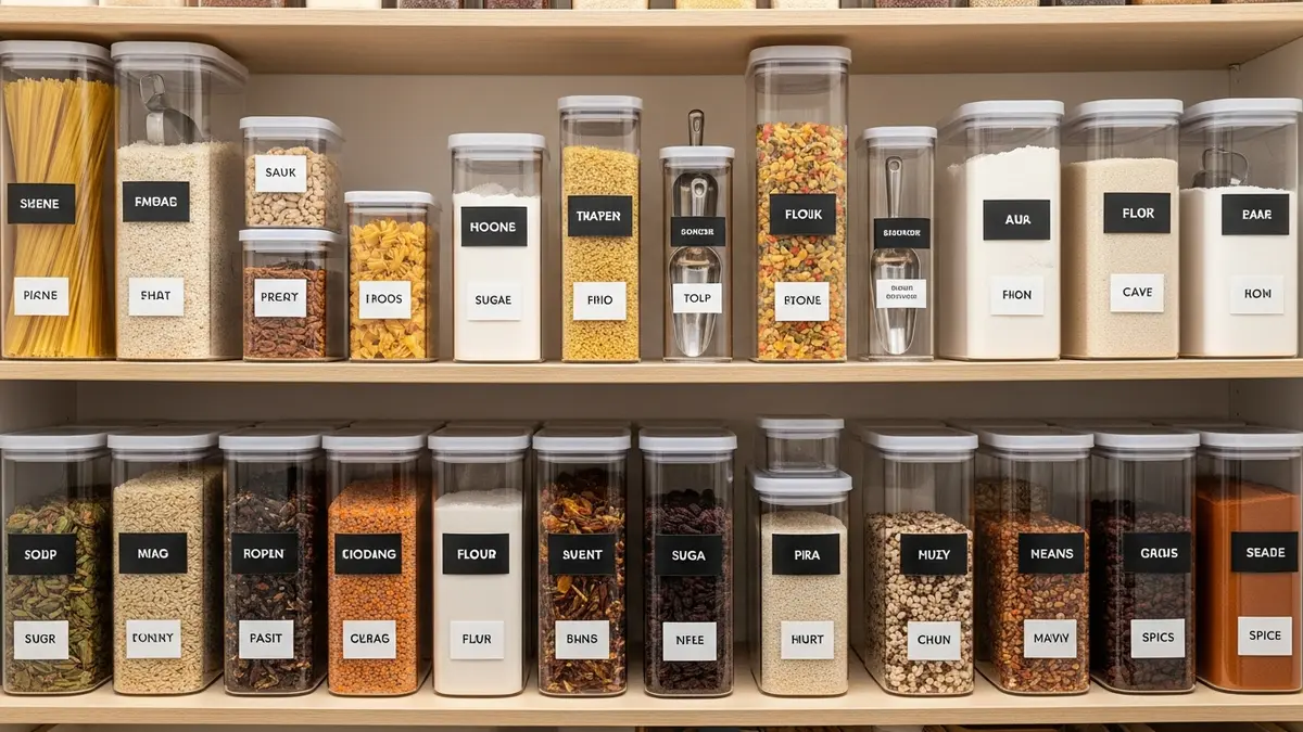 Airtight container organization system demonstrating pantry organization ideas for fresh food storage