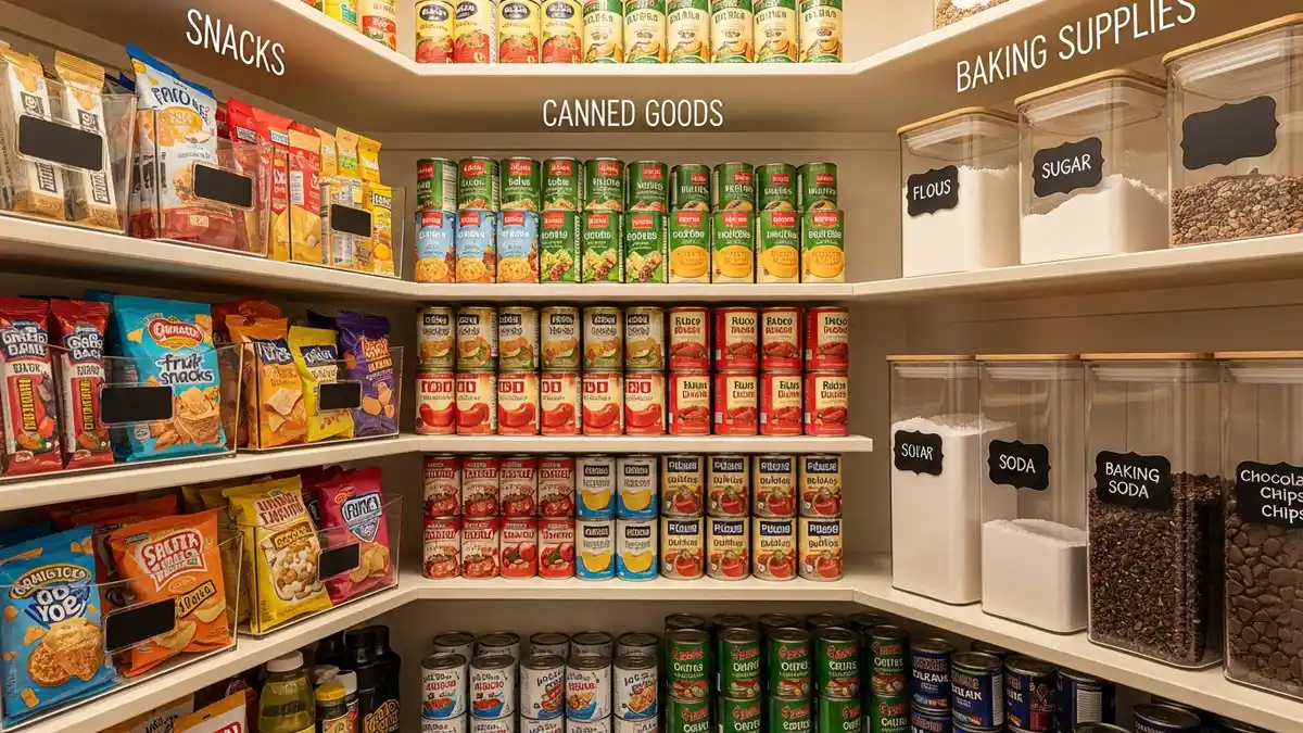 Pantry organization zones demonstrating creative organization ideas for pantry categorization and storage