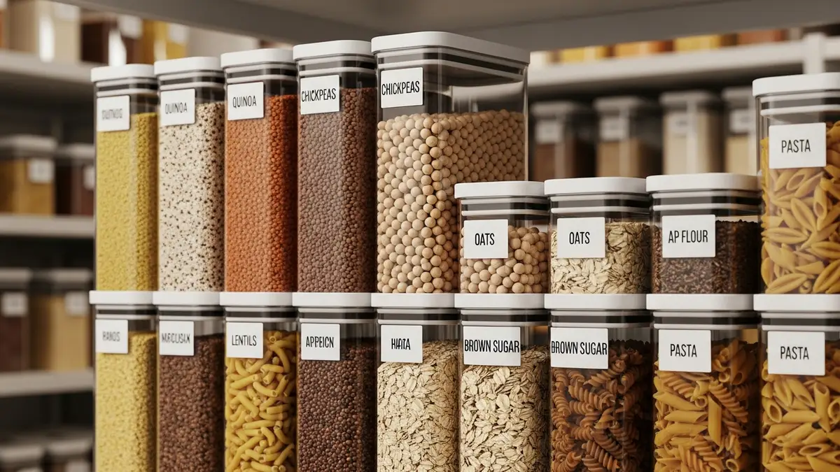 Clear airtight food storage containers with labels showcasing pantry organization ideas