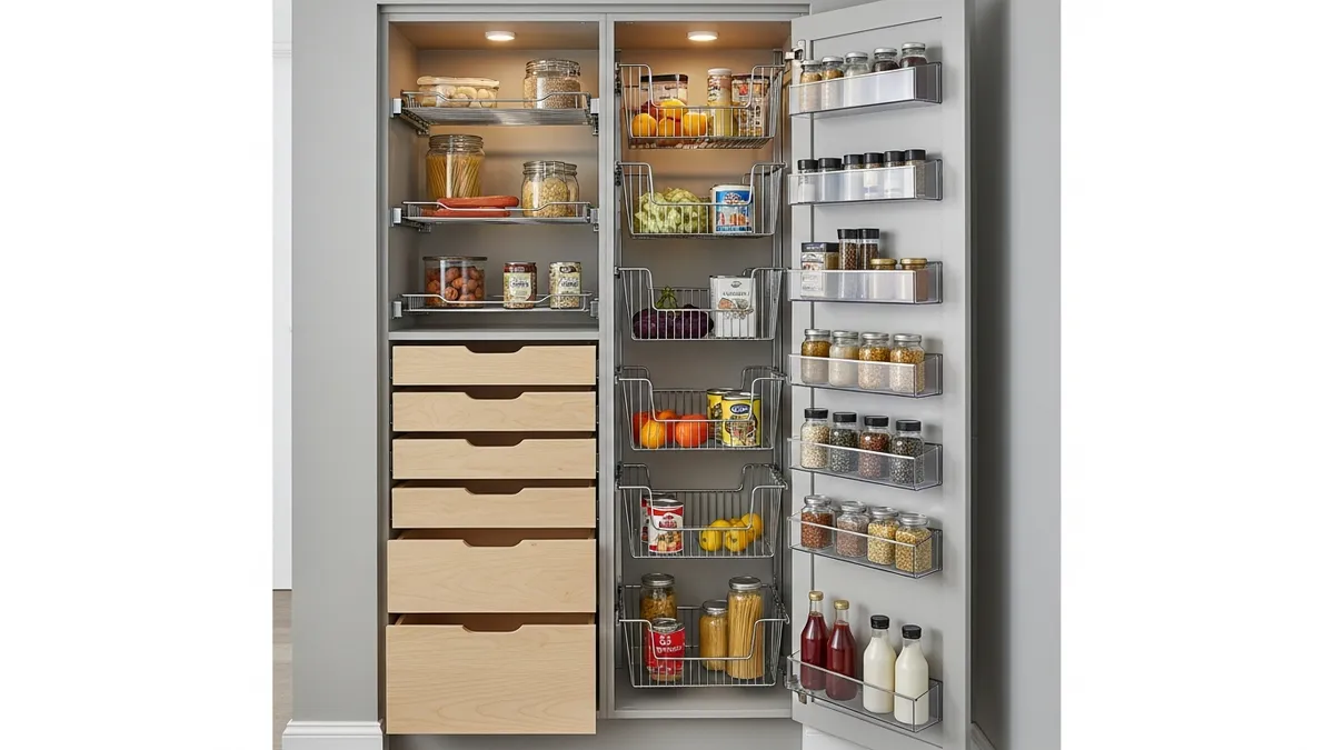 Vertical pantry storage solutions with pull-out drawers and wire baskets for organization