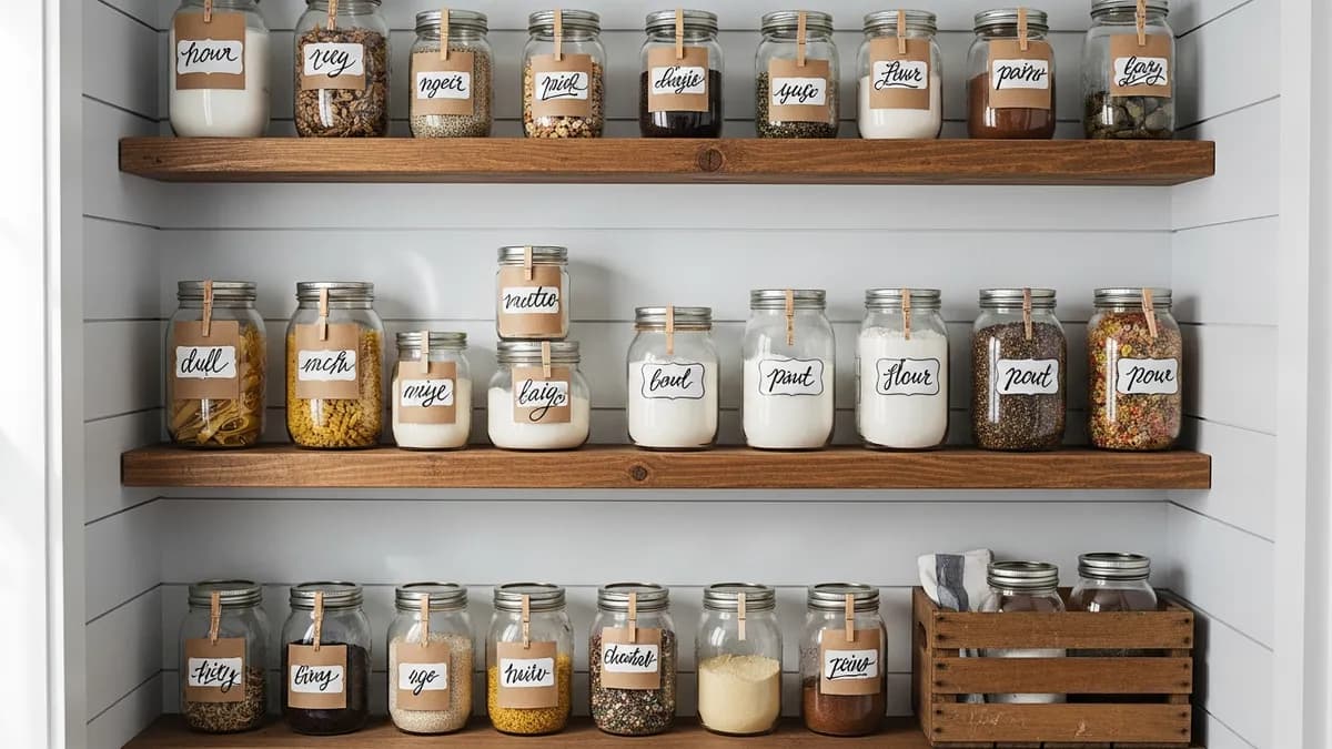 DIY pantry organization system with mason jars and wooden shelves for budget-friendly storage