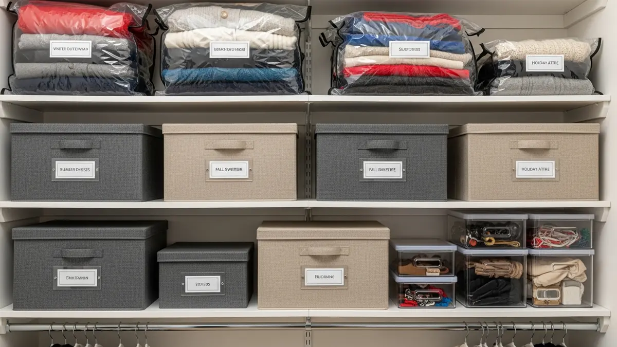 Seasonal storage solutions and labeled containers for small closet organization