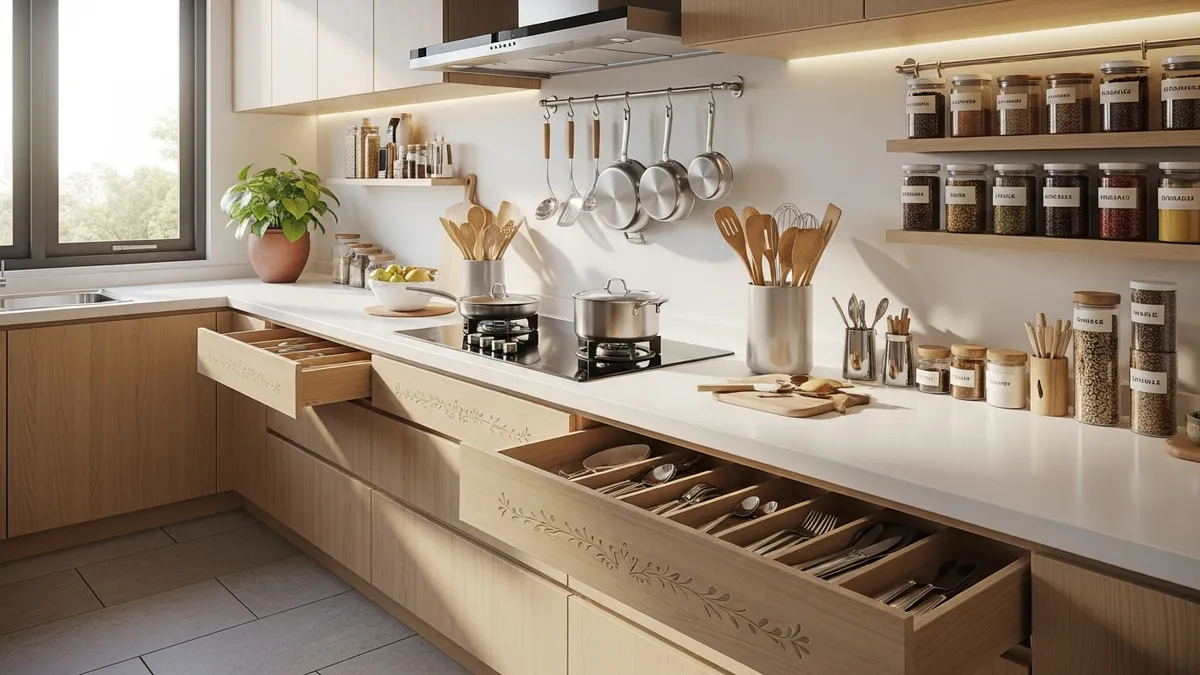 Dapur Indonesia yang tertata rapi dengan alat masak tersimpan dengan baik