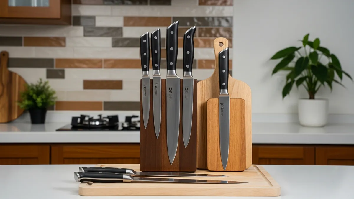 Set pisau dapur berkualitas dengan talenan kayu untuk memasak efisien