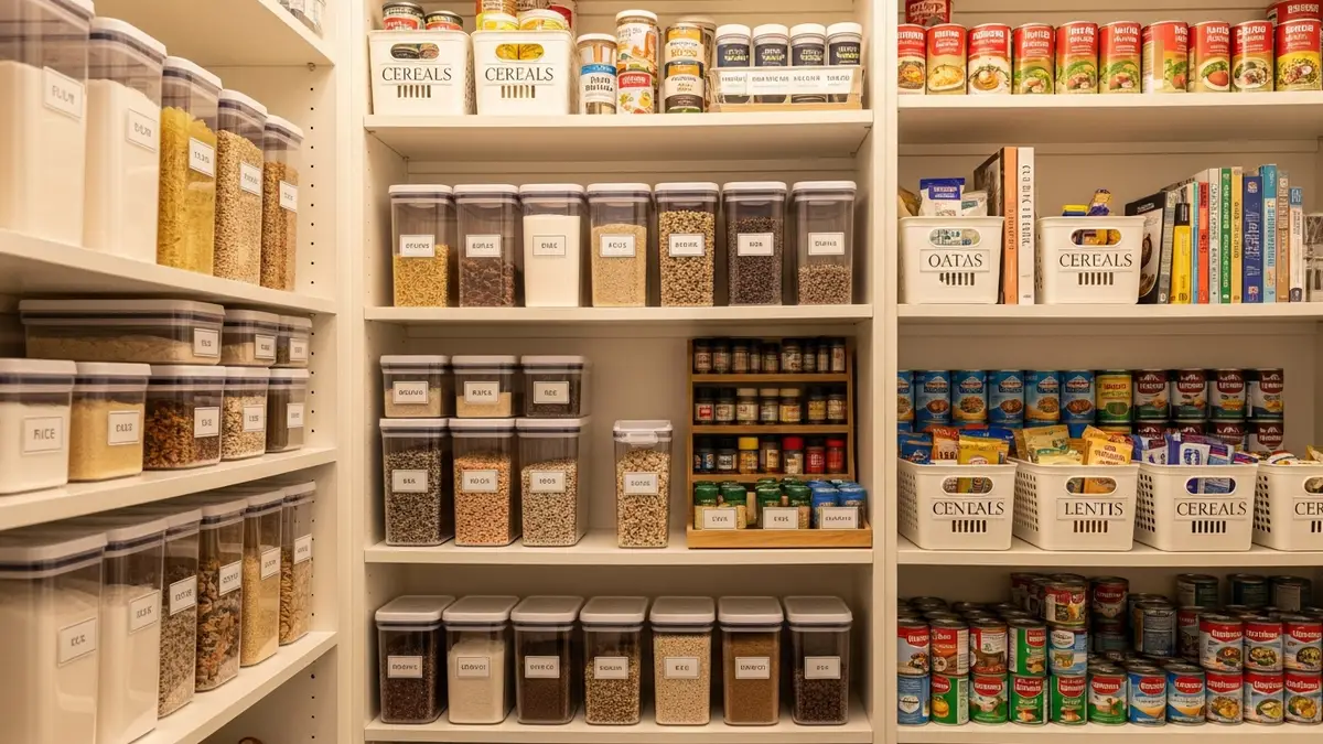 Organized pantry system using plastic storage containers food for efficient kitchen storage