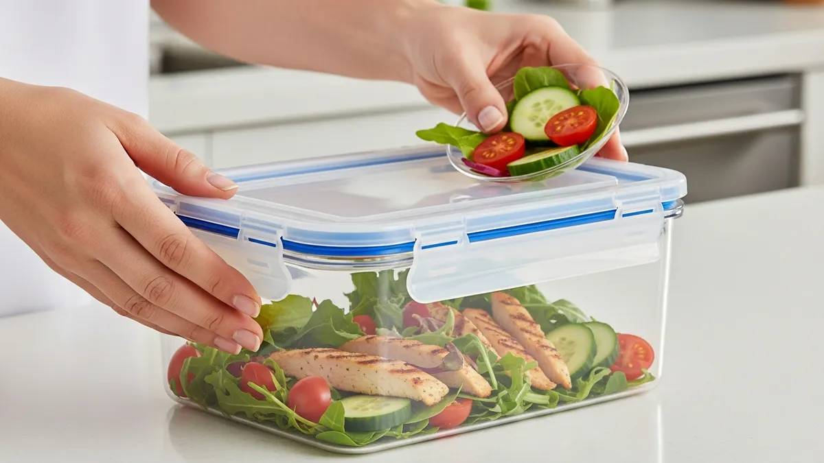 Hands storing food in plastic storage container with airtight lid for freshness