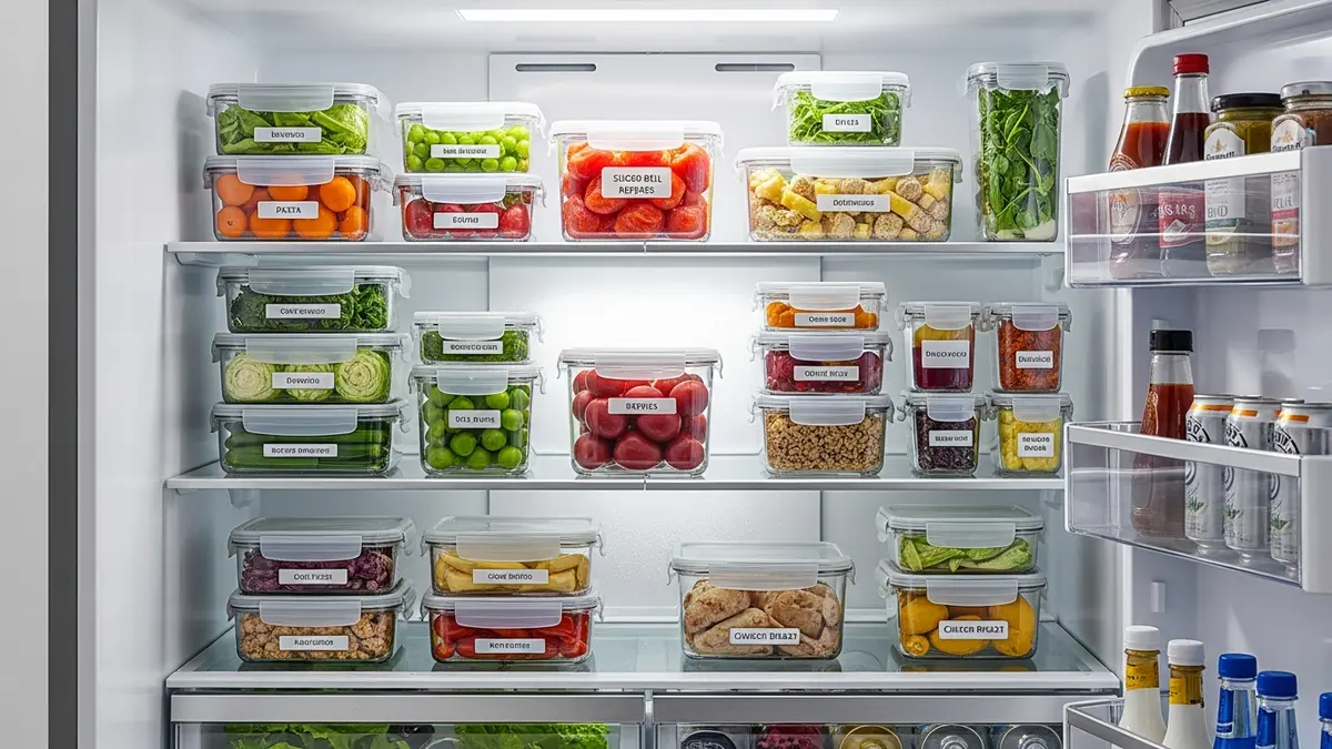 Organized refrigerator with stackable plastic food storage containers on shelves