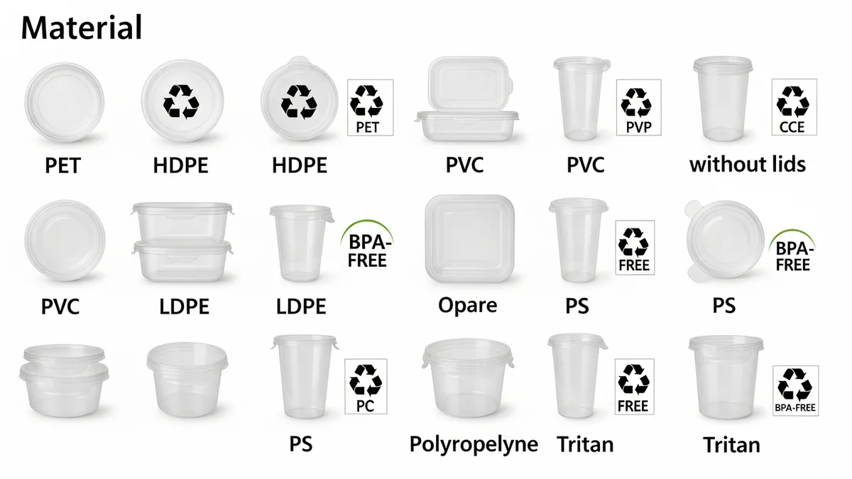 Different types of plastic food storage containers showing BPA-free and recycling symbols