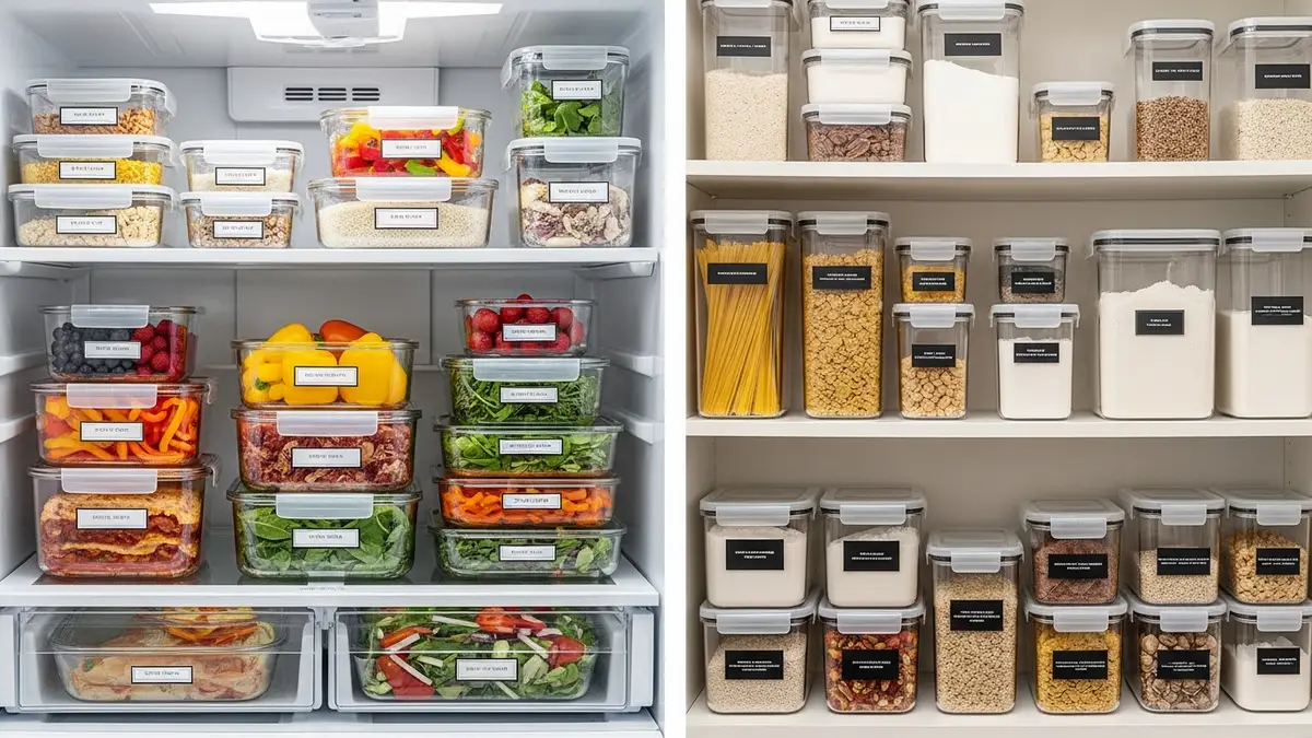 Organized kitchen storage using pyrex glass food storage containers in refrigerator and pantry