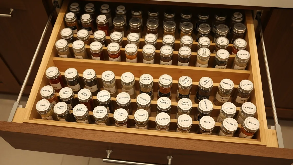 Kitchen drawer spice organizer insert with labeled spice containers